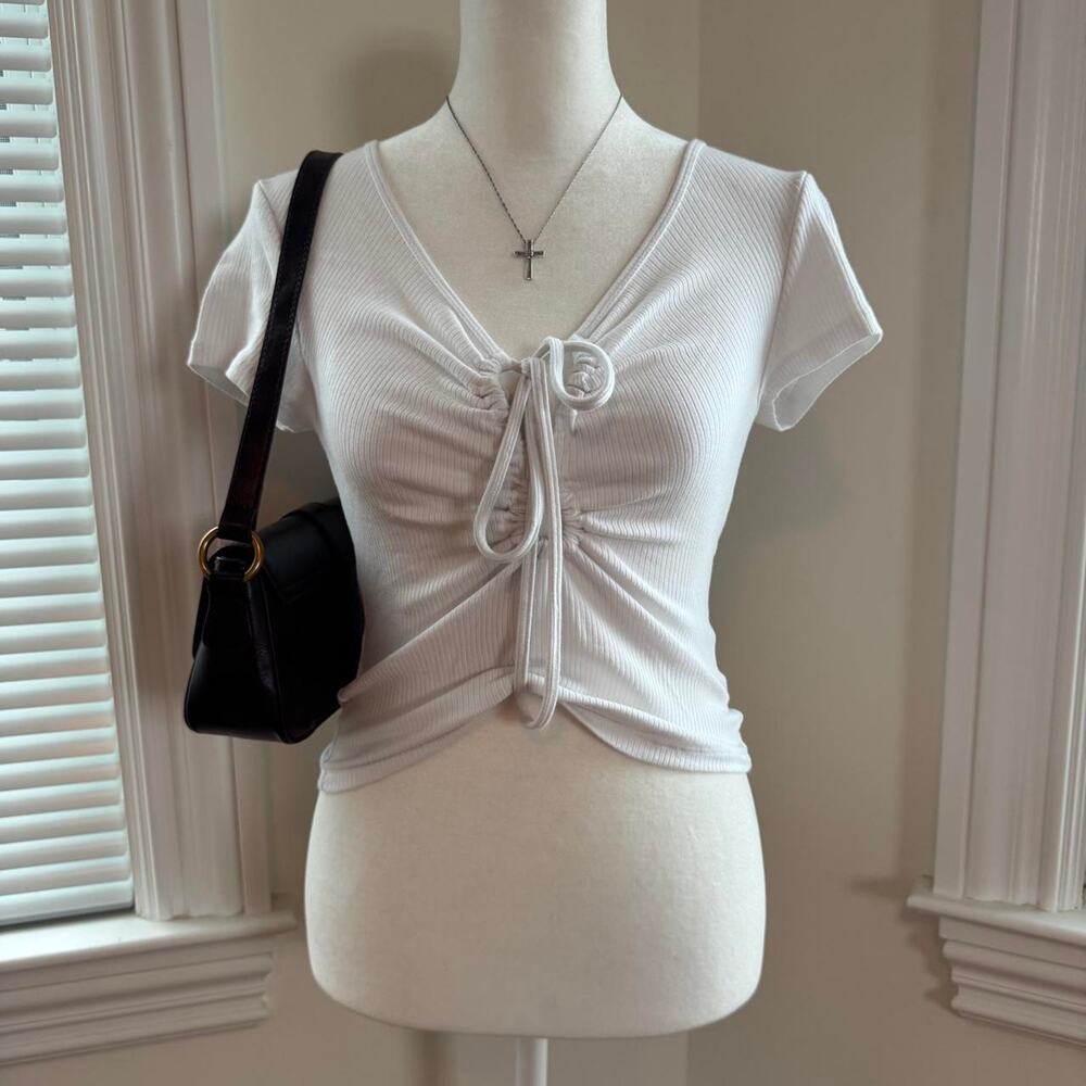 American eagle white ribbed crop top with tie front detail